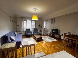 伊斯坦堡的住宿－Cozy Apartment in Kadikoy，客厅配有蓝色的沙发和桌子