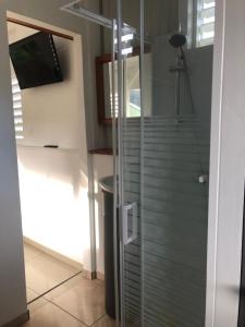 ein Bad mit einer ebenerdigen Dusche und einer Glastür in der Unterkunft Bungalow: La Favéla Chic/The Chic Favela - Trois-Rivières in Trois-Rivières