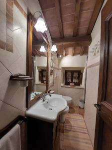 y baño con lavabo, espejo y aseo. en Villa Il Seccatoio, en Poggioni