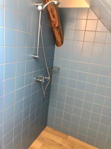 baño con ducha y pared de azulejos azules en Penzion Ambrozie en Seč