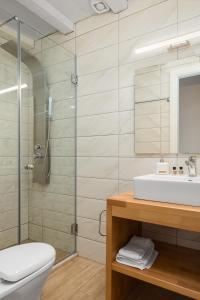 a bathroom with a shower and a toilet and a sink at Reiki Apartments in Ereikoússa
