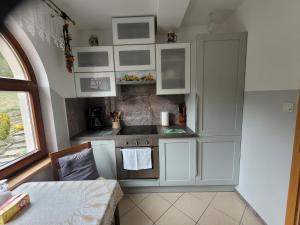 a small kitchen with white cabinets and a stove at Agroturystyka Pod Danielkami in Danielky