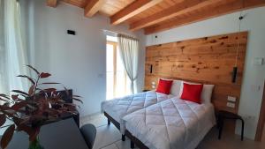 a bedroom with a bed with red pillows and a window at GARDA BALDO APARTMENTS_VIVALDI in Nago-Torbole