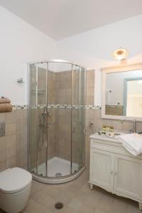 La salle de bains est pourvue d'une douche, de toilettes et d'un lavabo. dans l'établissement Tholariani Villas, à Amorgós