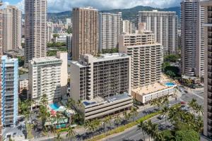 an aerial view of a city with tall buildings at Incredible Location FREE parking in Waikiki in Honolulu