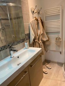 een badkamer met een wastafel en een spiegel bij Les Gîtes de La Petite Campagne in Mane