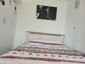 un letto con una trapunta in una camera da letto di Luxury Mall Q4 Apartment a Bacău