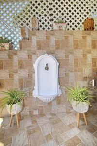 a patio with two potted plants and a urinal at Vasia's Small Villa in Skopelos Town