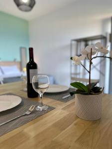 a table with a wine glass and a plant on it at Brand new studio Sea View in Agia Pelagia