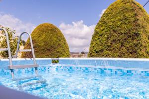 a swimming pool in front of three large trees at The Morus House with Private pool in Melidhónion