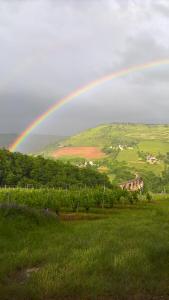 Valady的住宿－grange rénovée en pleine nature，一座带山丘的绿色田野上的彩虹