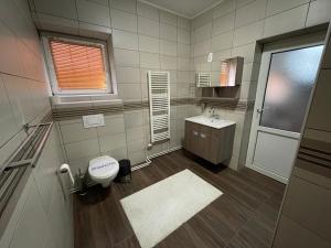 a bathroom with a toilet and a sink at Guest House Luxotel in Zrenjanin