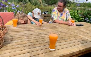 a woman and two children sitting at a wooden table with orange juice at Bauernhof-Streichel-Zoo-&-Reiter-Suite in Gulow