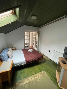 um quarto com uma cama e uma secretária num quarto em Guest House Luxotel em Zrenjanin