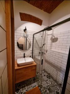 uma casa de banho com um lavatório e um chuveiro com um espelho. em 5 stylových apartmánů v srdci Jeseníků em Loučná nad Desnou