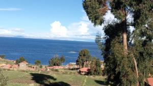 a view of a village with the ocean in the background at MOON NIGHT Amantani Lodge in Amantani