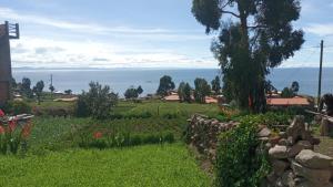 a garden with a stone wall and the ocean at MOON NIGHT Amantani Lodge in Amantani