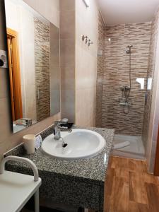 uma casa de banho com um lavatório e um chuveiro em Hotel Alma Rosa em Navaluenga