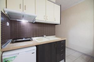 a kitchen with a sink and a counter top at Villa Flegos in Skala Fourkas +20 photos