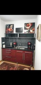 a kitchen with red cabinets and a sink at Design Apartments Tomelana in Ličko Petrovo Selo