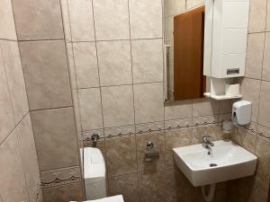 ein Badezimmer mit einem Waschbecken, einem WC und einem Spiegel in der Unterkunft Stan na dan Centar Banja Luka in Banja Luka