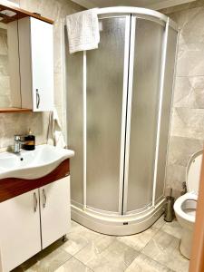 W łazience znajduje się prysznic, umywalka i toaleta. w obiekcie Mustafa Tokalaç Castle house w mieście Marmaris