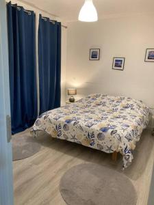 Belle maison2 chambres pres du Paris 80m2 في Villecresnes: غرفة نوم بسرير وبطانية زرقاء وبيضاء