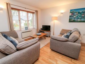 a living room with two couches and a tv at Lilyvale in Camelford