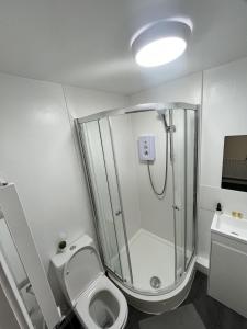 a bathroom with a shower and a toilet and a sink at west walk house in Nottingham