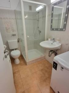 ein Bad mit einer Dusche, einem WC und einem Waschbecken in der Unterkunft Viktoria's Wohnung in Kaarst in Kaarst