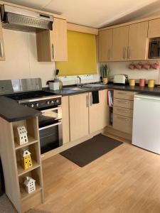 a kitchen with wooden cabinets and a white refrigerator at Tyn llan in Llanddeusant