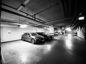two cars are parked in a parking garage at Angel MINT Apartment - FREE PARKING - Balcony in Krakow