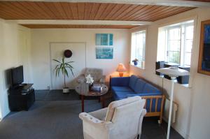 een woonkamer met een blauwe bank en een tafel bij Ferielejlighed B in Allinge
