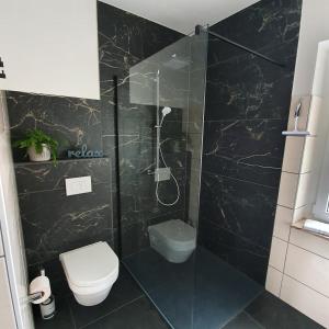 a bathroom with a toilet and a glass shower at Ferienapartment Lilo in Eisenhüttenstadt