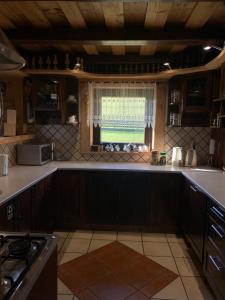 a kitchen with a sink and a window in it at Agroturystyka Pod Gronikami pokoje in Danielky