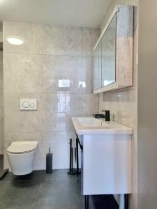 Hotel De Dampoort في ميدلبورغ: حمام مع حوض أبيض ومرحاض