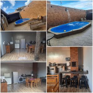 a collage of four pictures of a swimming pool at Aconchego da canastra in Delfinópolis