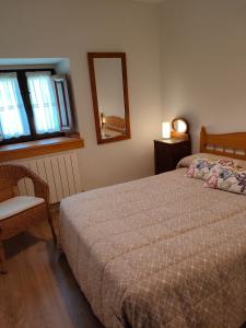 1 dormitorio con cama, espejo y silla en Casa rústica con jardín en Pesués, en Pesués