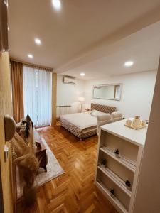 ein Schlafzimmer mit einem Bett und einem Schreibtisch in einem Zimmer in der Unterkunft Apartman Puket in Kraljevo