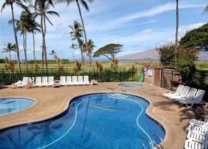 a large swimming pool with chairs and palm trees at Kauhale Makai 535 in Kihei