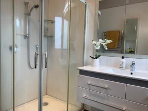 a bathroom with a shower and a sink at Ridley Manor in Ohakune