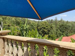 einen blauen Schirm auf dem Balkon mit Bäumen in der Unterkunft Hein apartment in Arusha