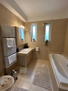 a bathroom with a tub and a sink and a bath tub at Villa Hegyalja in Balatonkenese