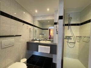 a bathroom with a toilet and a sink and a shower at Landhotel Alberts in Heijenrath