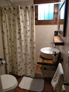 a bathroom with a sink and a shower curtain at Acogedor departamento Los Ranchos in Chacras de Coria