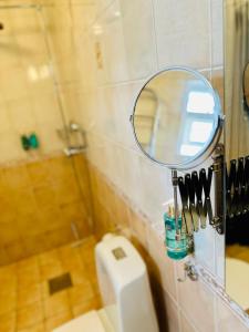 a bathroom with a mirror and a sink and a toilet at Ringsjö Wärdshus Stugor in Höör