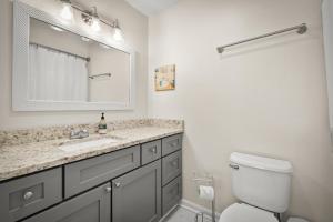 a bathroom with a sink and a toilet and a mirror at Walk to Jacksonville Beach, 10min to Mayo in Jacksonville Beach