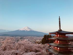 a pagoda with a mountain in the background at HOSHIFULL DOME FUJI in Fujikawaguchiko