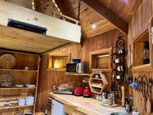 a kitchen with wooden walls and a counter in a cabin at Tree House Lodge Bed & Breakfast in Cheviot