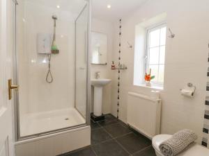 a bathroom with a shower and a toilet and a sink at Glan Felin in Aberdaron +37 photos